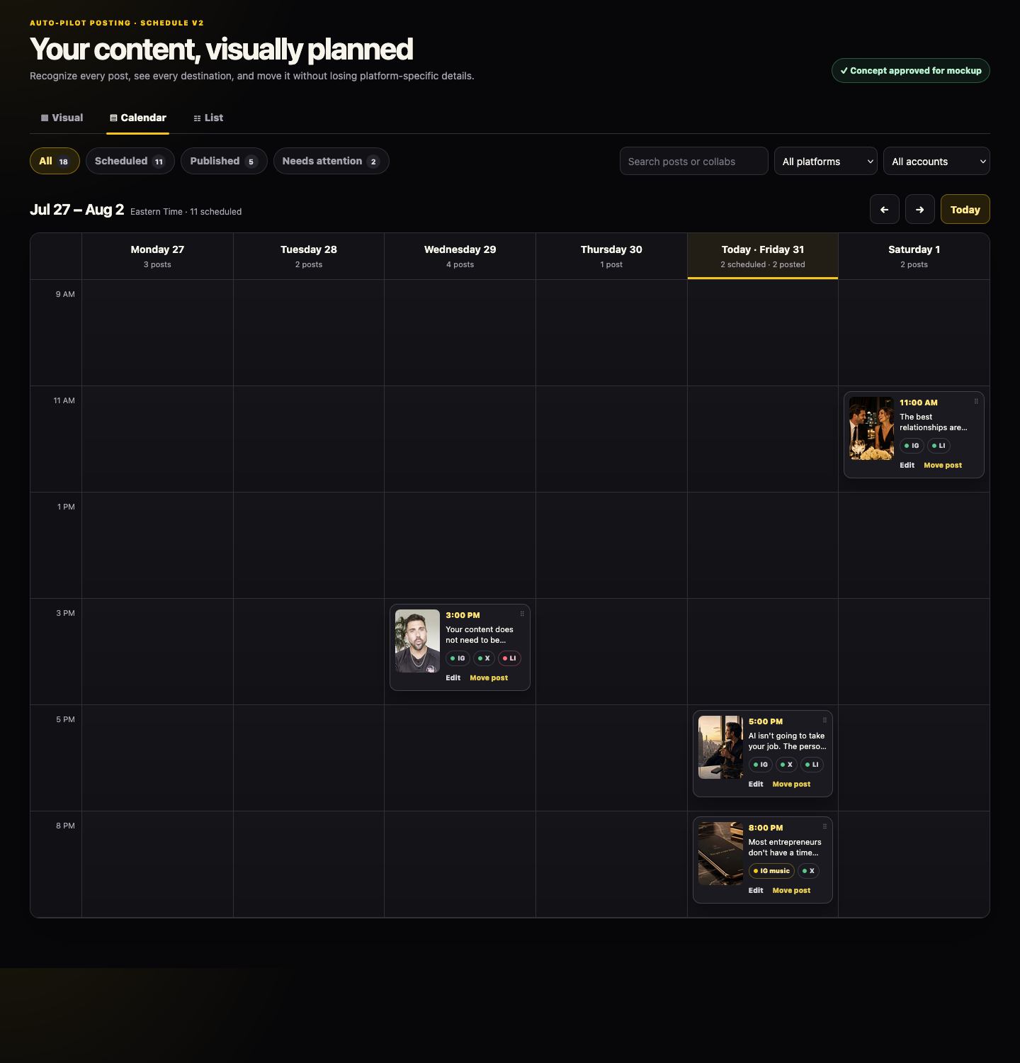 1BB Content Schedule desktop view with a visual calendar and scheduled posts.