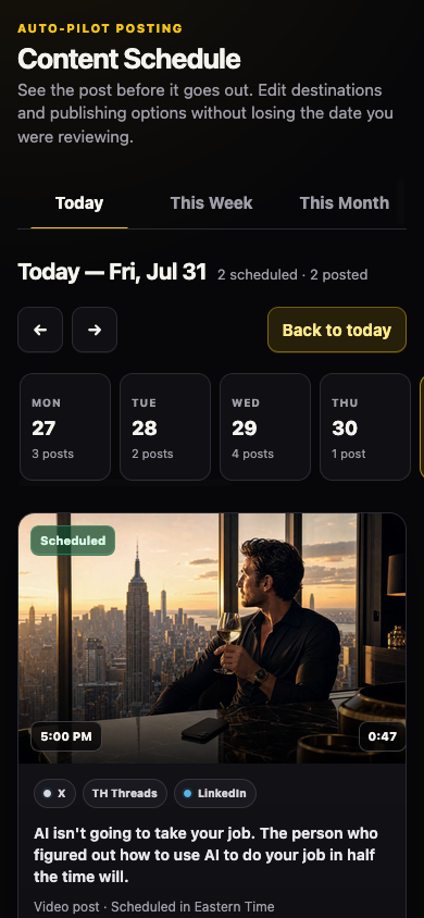 1BB Content Schedule on a phone, showing scheduled posts by day.
