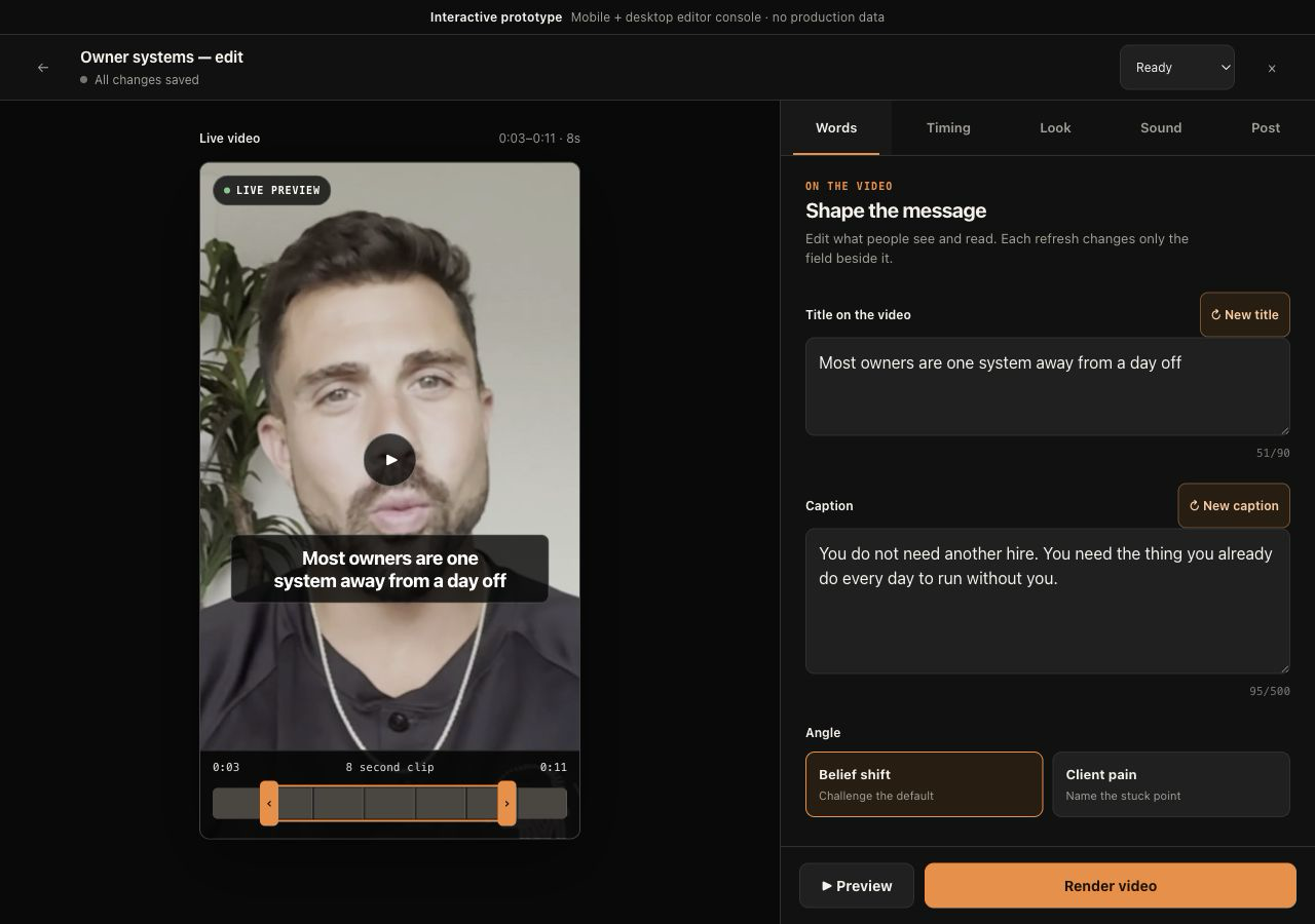 1BB Video Studio desktop editor with a video preview and editable on-screen title.