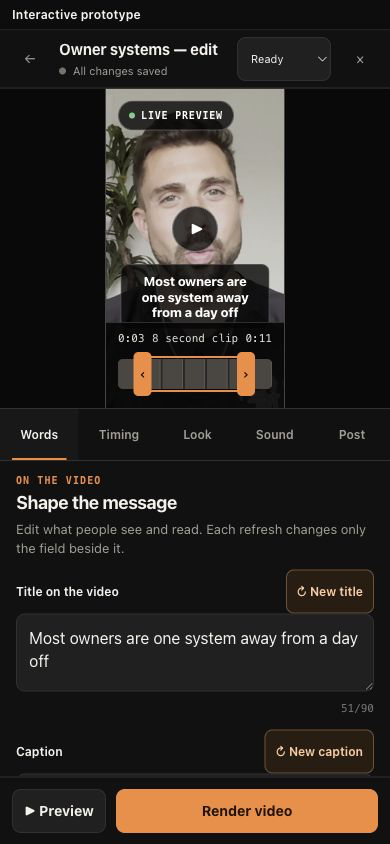 1BB Video Studio on a phone, with a live video preview and title controls.